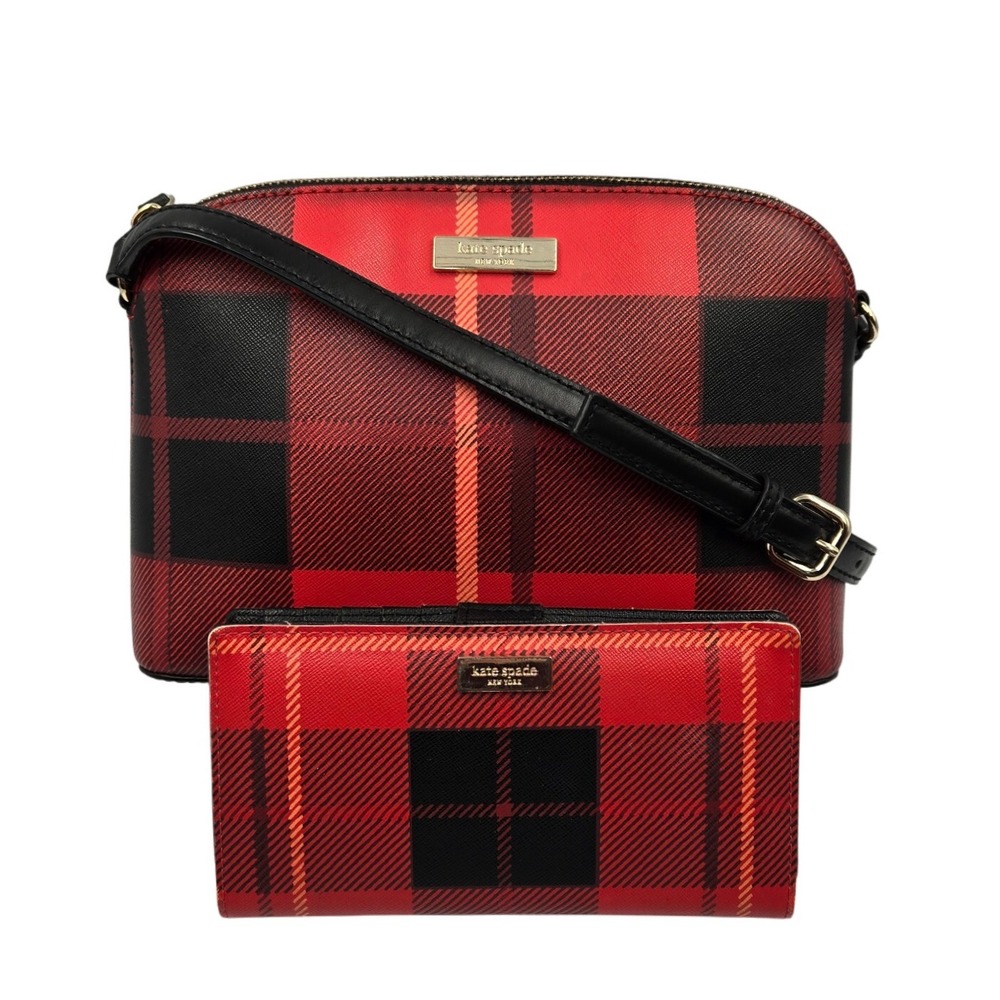 Kate Spade Red Plaid Dome Crossbody Bag & Wallet Set